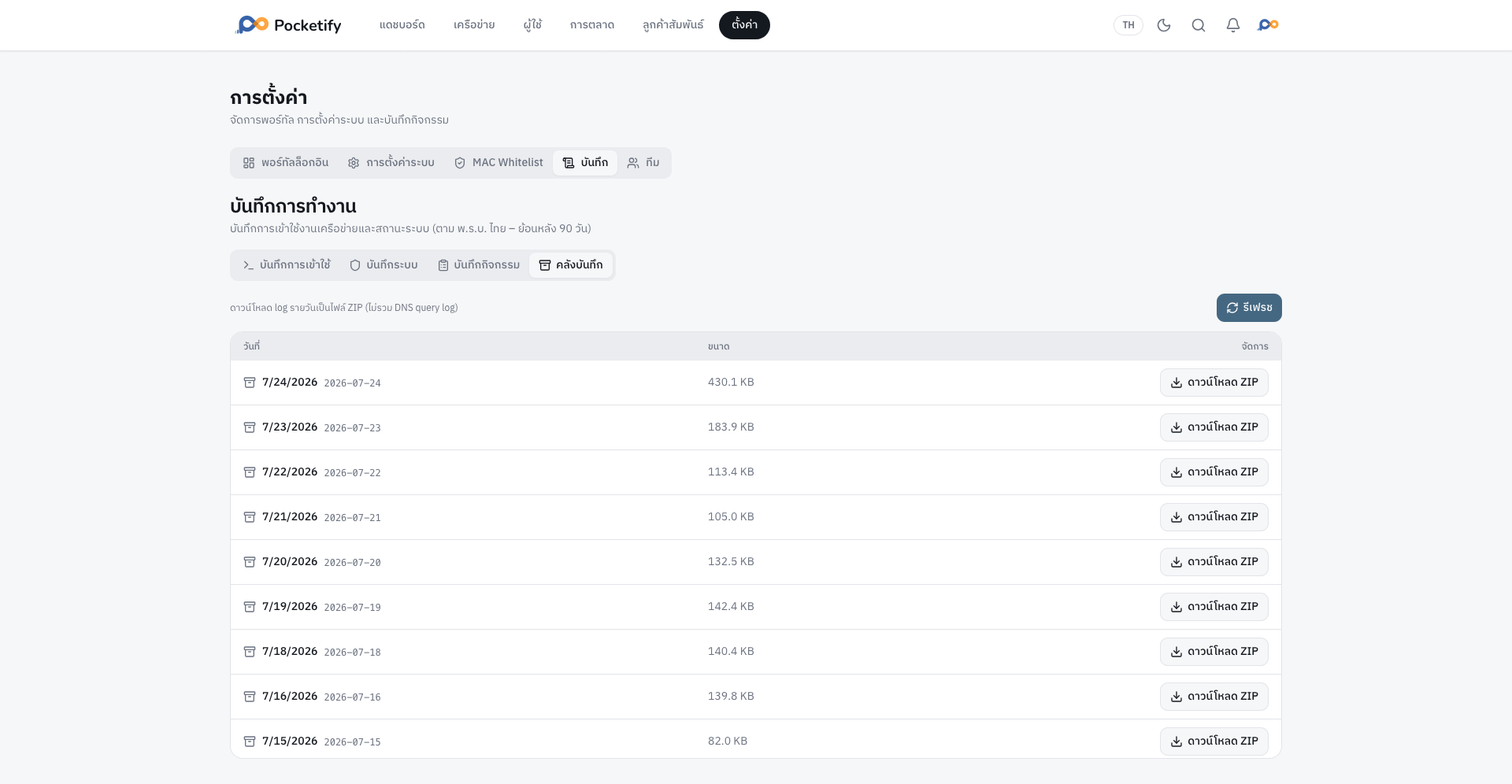 Pocketify Traffic Log Data Table